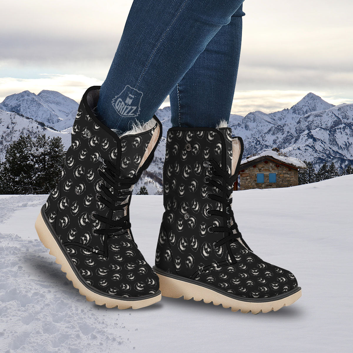 Pumpkin Faces Halloween Print Pattern Snow Boots-grizzshop