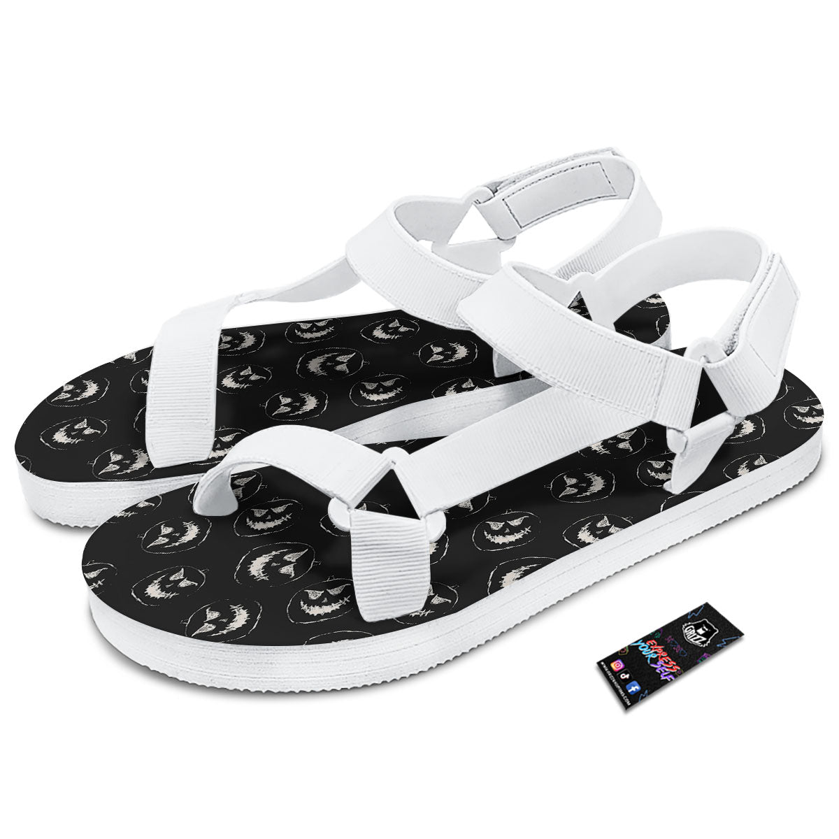 Pumpkin Faces Halloween Print Pattern White Open Toe Sandals-grizzshop