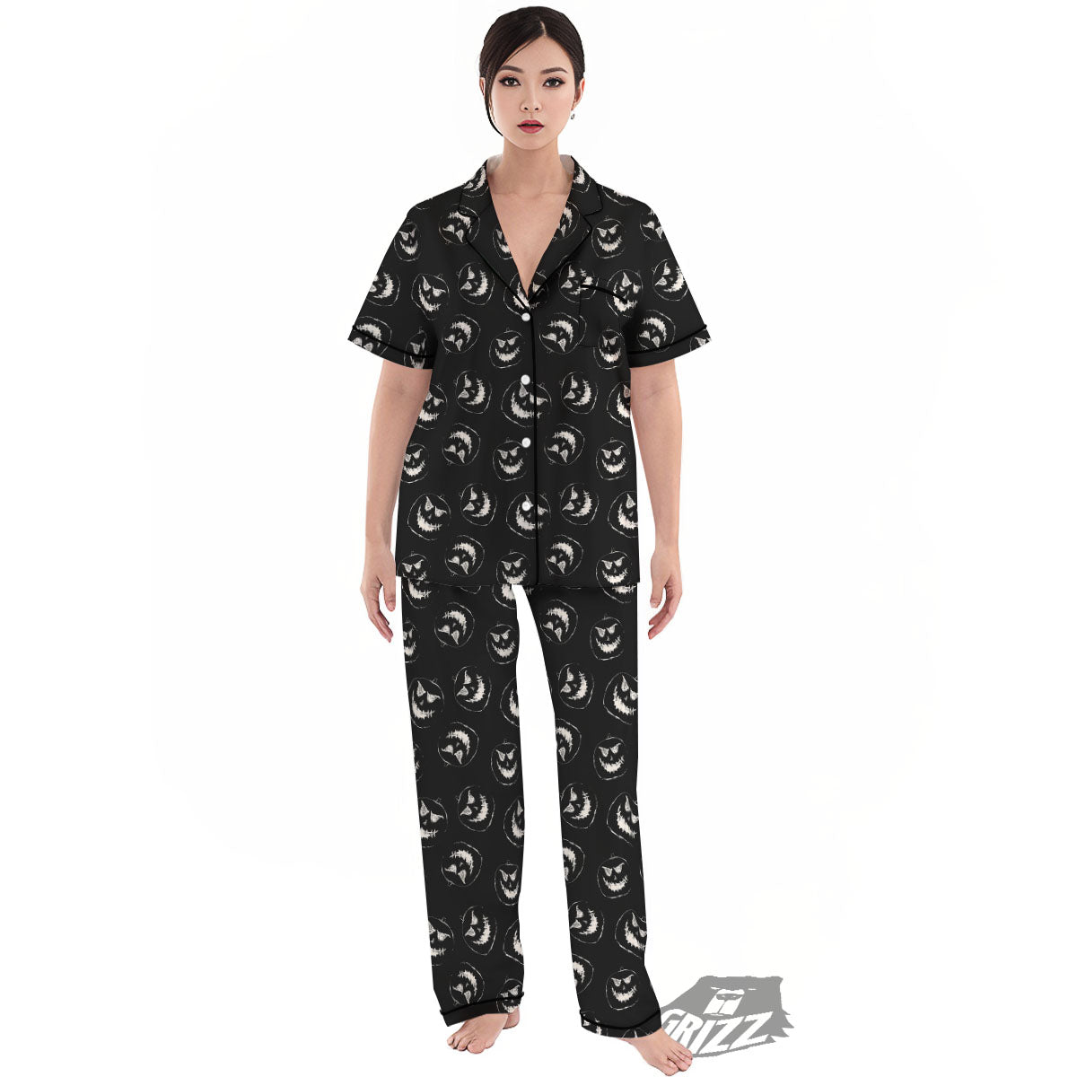 Pumpkin Faces Halloween Print Pattern Women's Pajamas Set-grizzshop