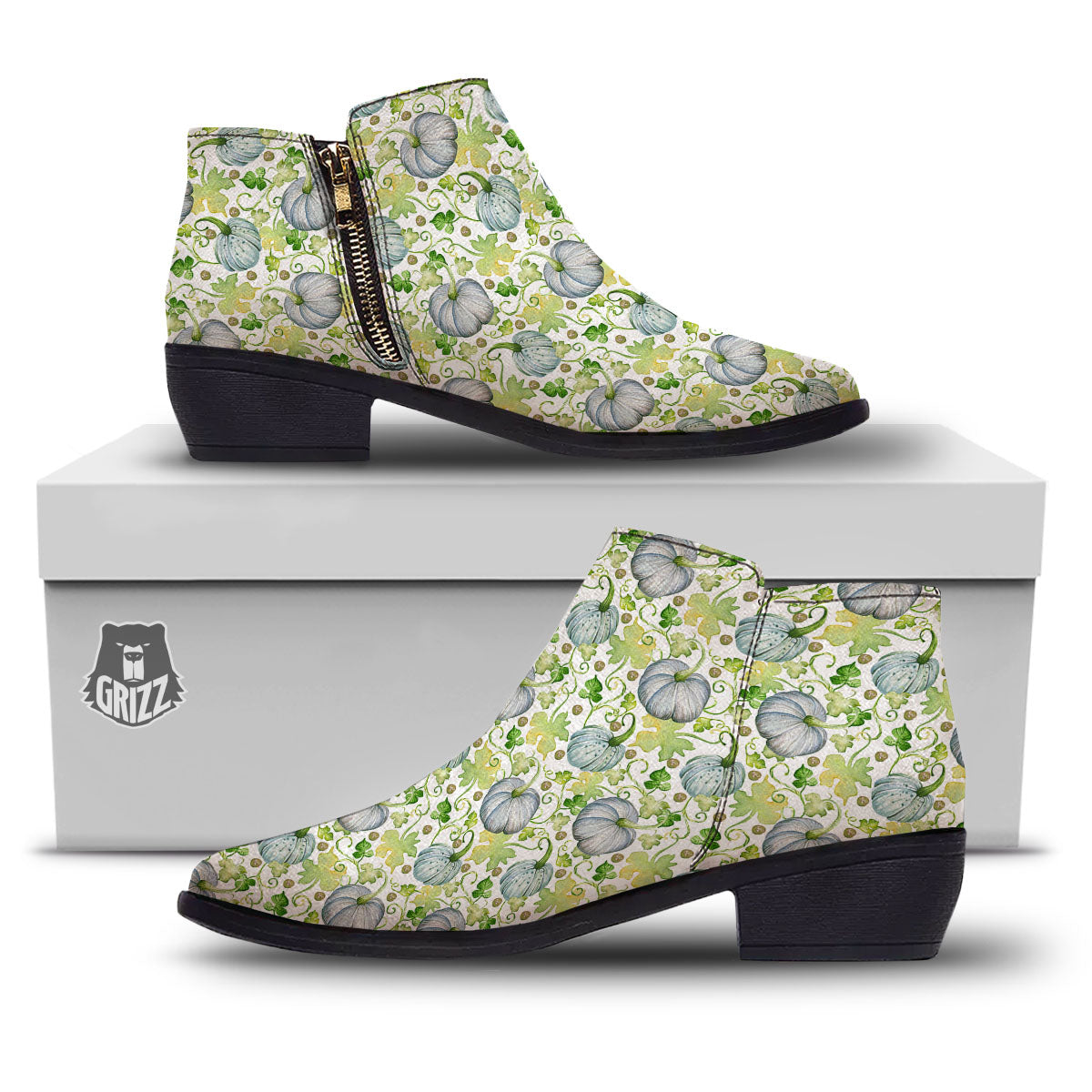 Pumpkin Green Print Pattern Ankle Boots-grizzshop