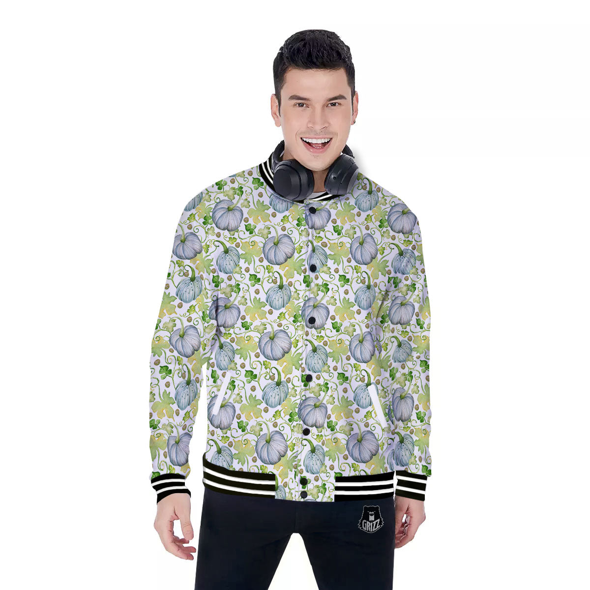 Pumpkin Green Print Pattern Baseball Jacket-grizzshop