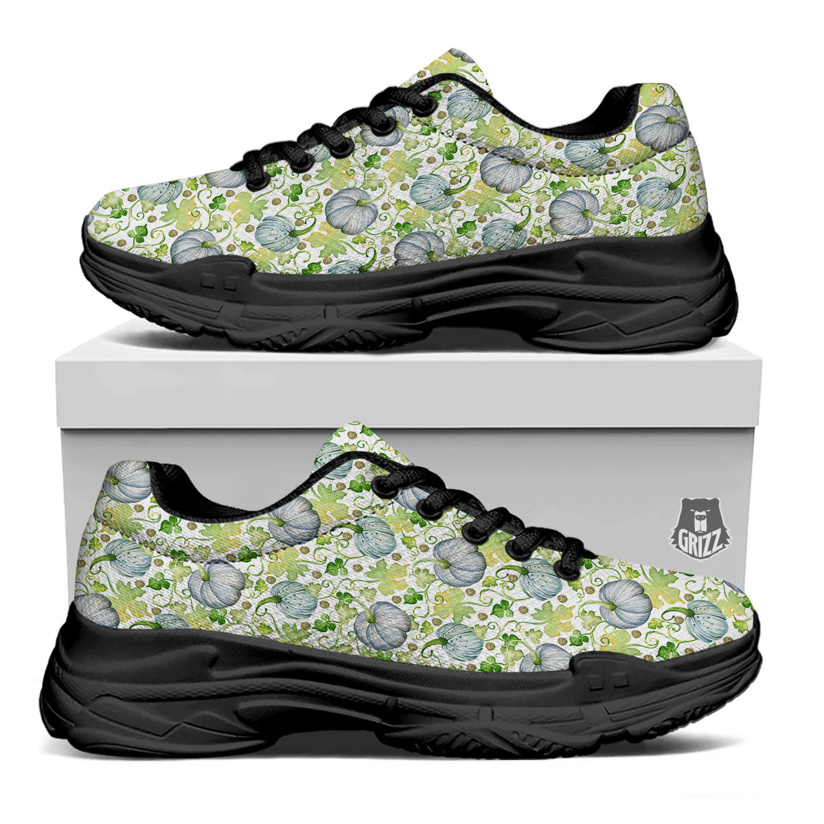 Pumpkin Green Print Pattern Black Chunky Shoes-grizzshop