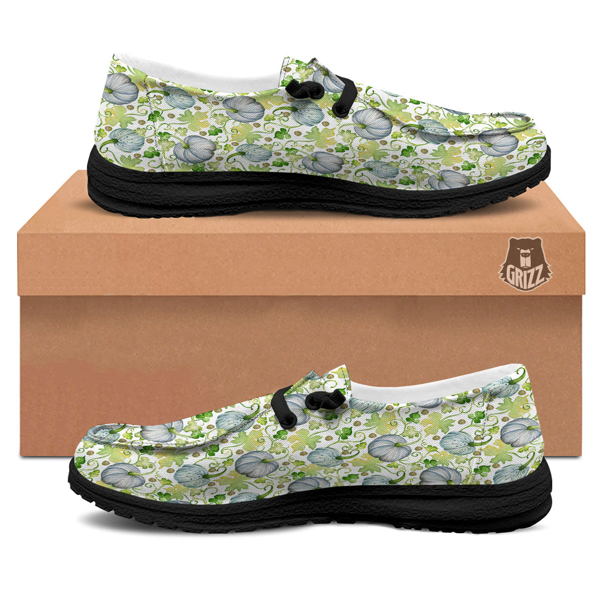Pumpkin Green Print Pattern Black Loafers-grizzshop