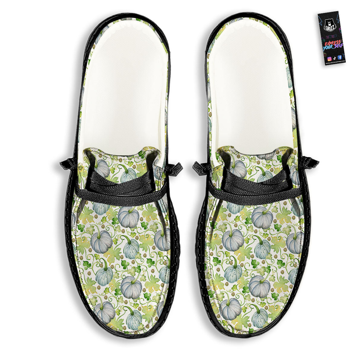 Pumpkin Green Print Pattern Black Loafers-grizzshop