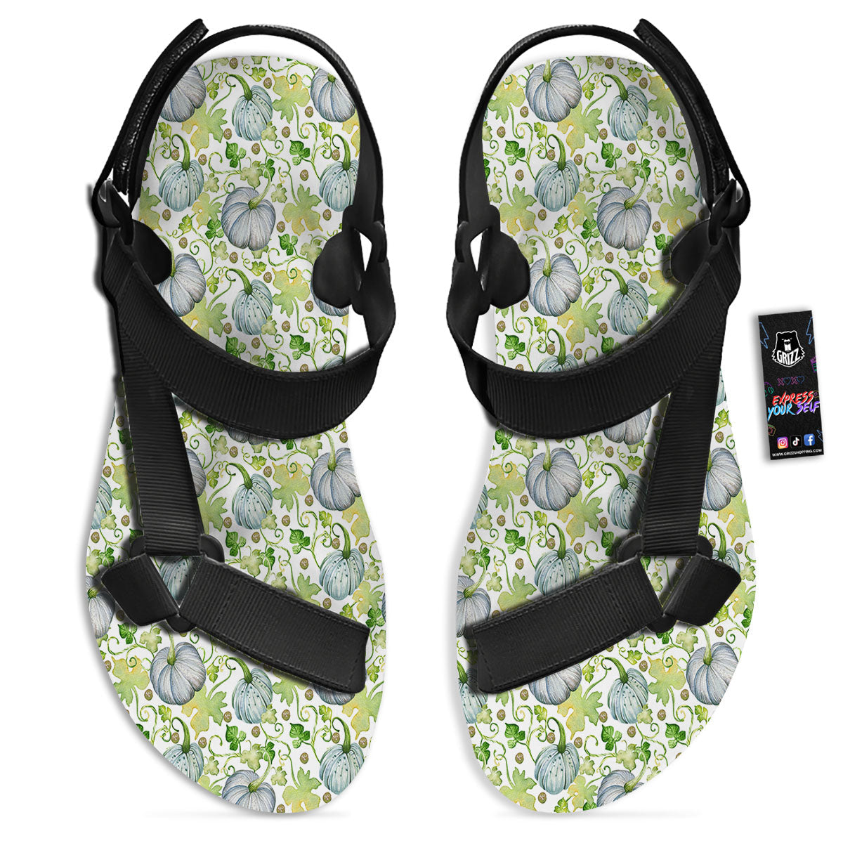 Pumpkin Green Print Pattern Black Open Toe Sandals-grizzshop