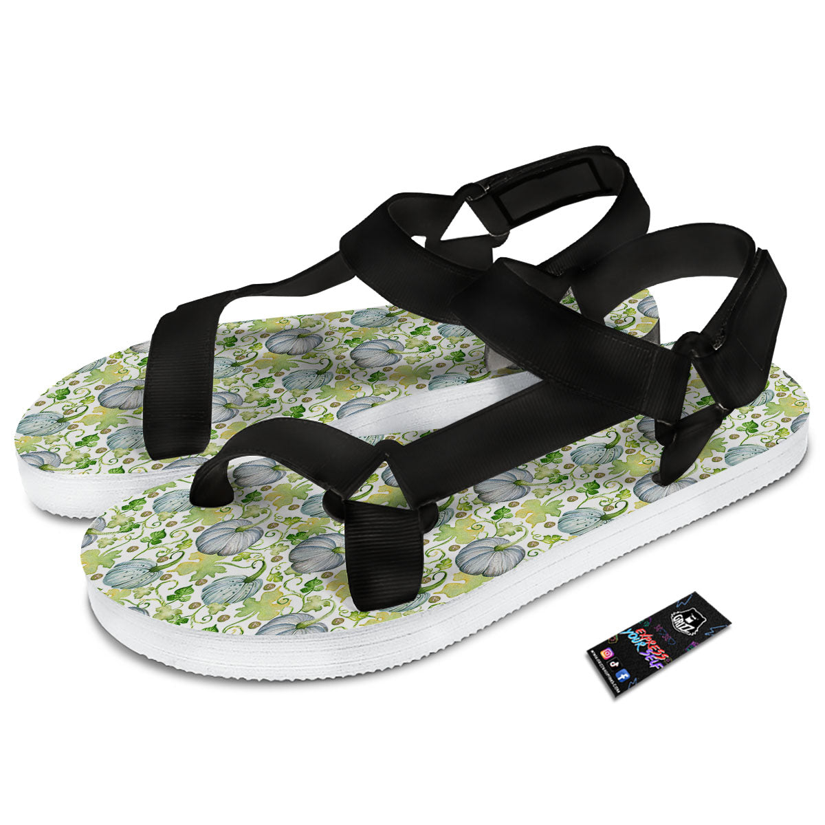 Pumpkin Green Print Pattern Black Open Toe Sandals-grizzshop