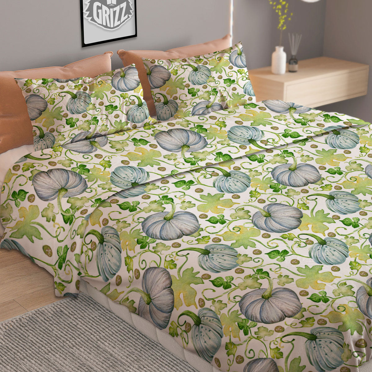 Pumpkin Green Print Pattern Duvet Cover Bedding Set