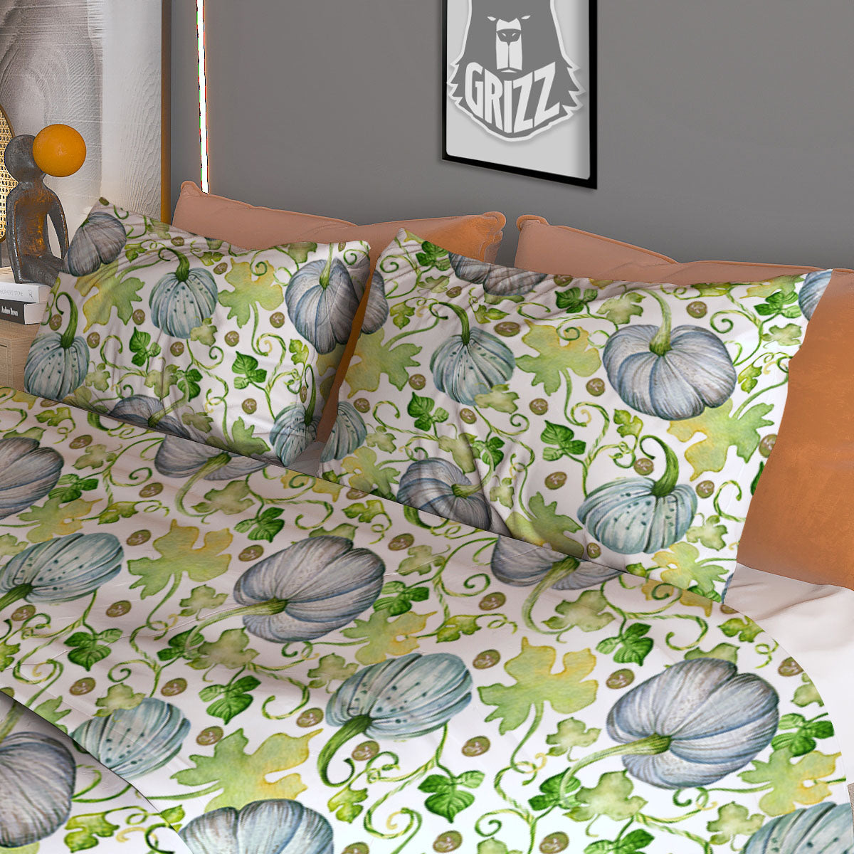 Pumpkin Green Print Pattern Duvet Cover Bedding Set