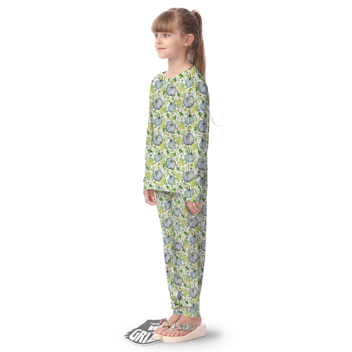 Pumpkin Green Print Pattern Kid's Pajamas-grizzshop