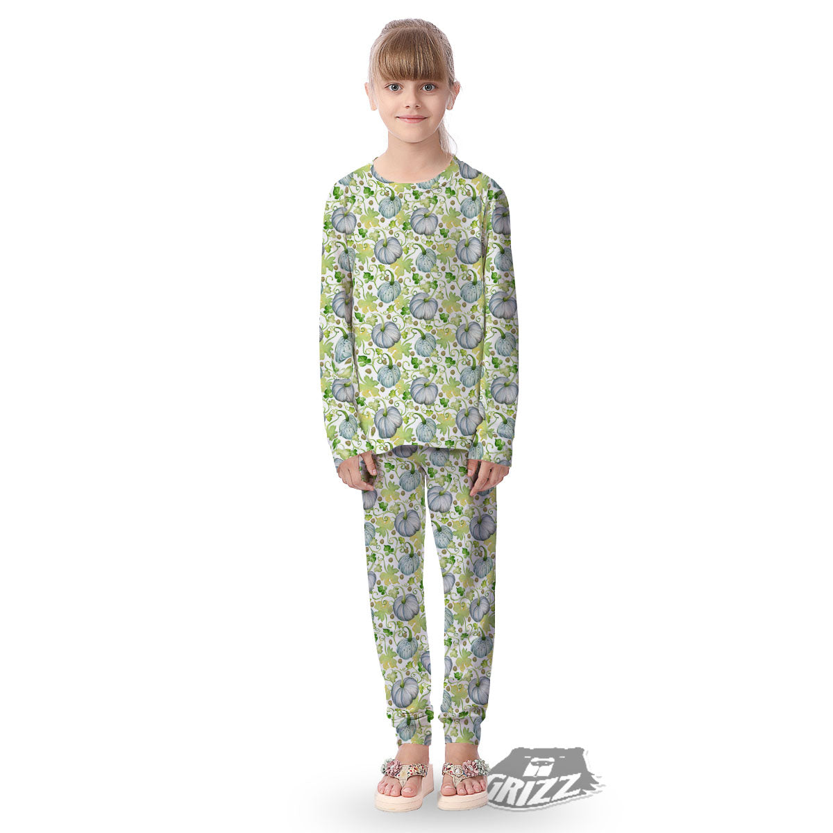 Pumpkin Green Print Pattern Kid's Pajamas-grizzshop