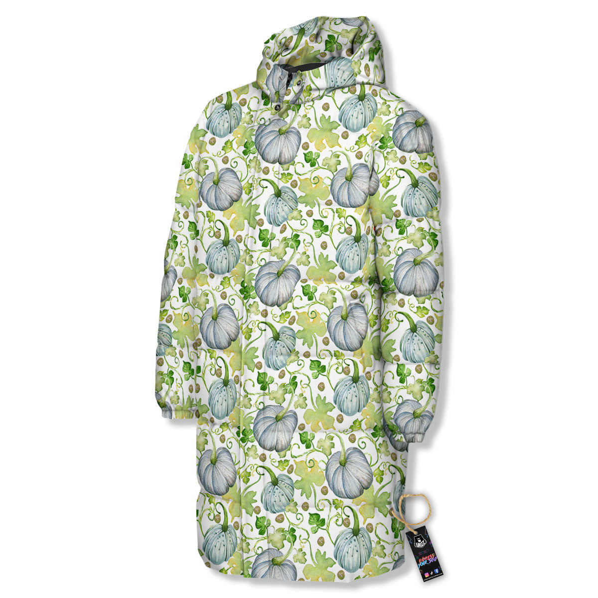 Pumpkin Green Print Pattern Long Down Jacket-grizzshop