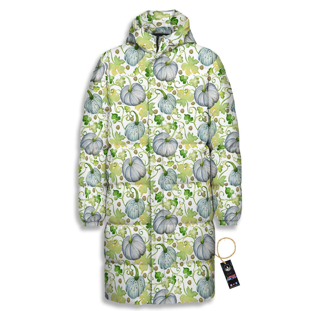 Pumpkin Green Print Pattern Long Down Jacket-grizzshop
