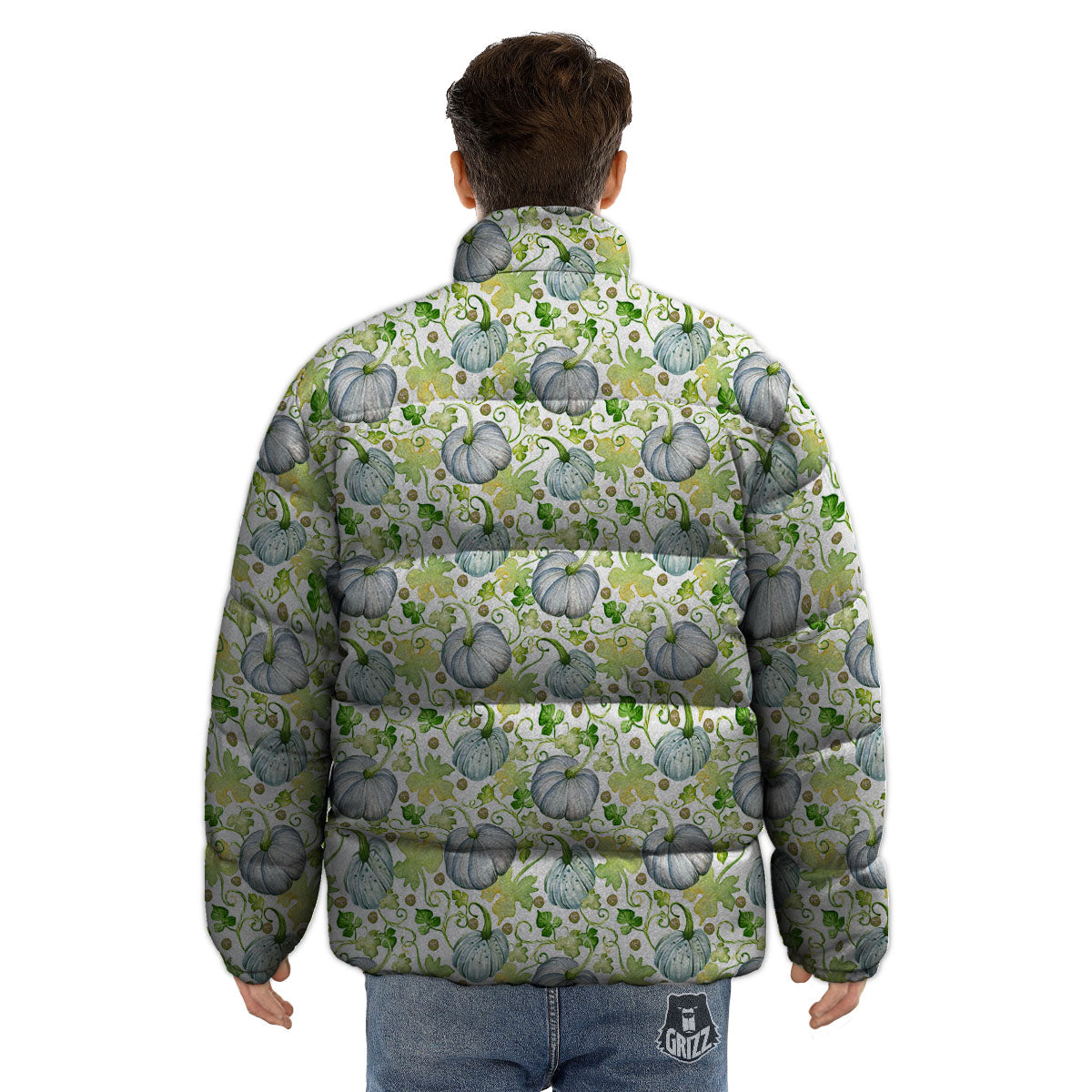 Pumpkin Green Print Pattern Puffer Jacket-grizzshop