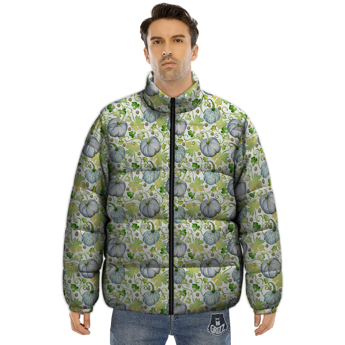 Pumpkin Green Print Pattern Puffer Jacket-grizzshop