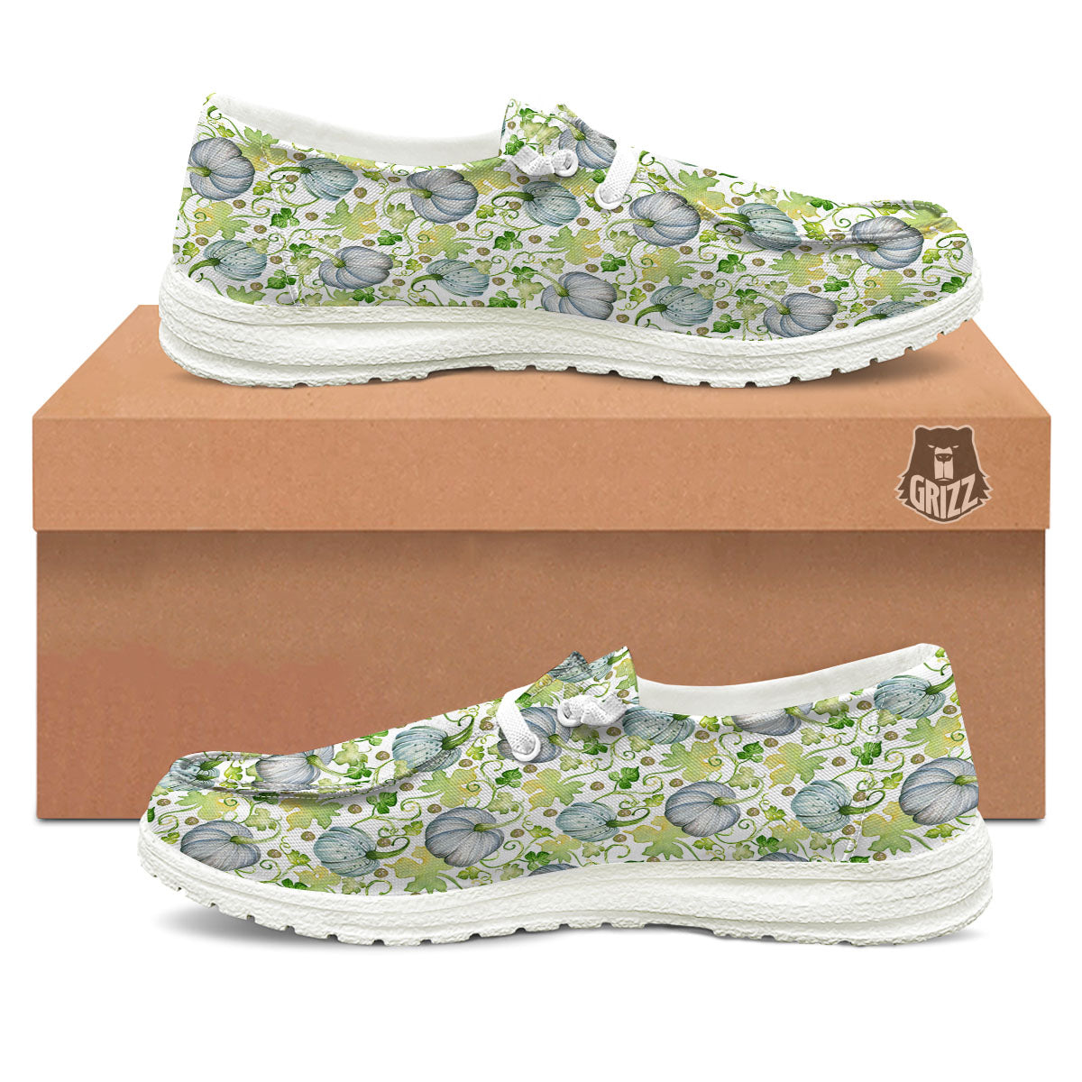 Pumpkin Green Print Pattern White Loafers-grizzshop