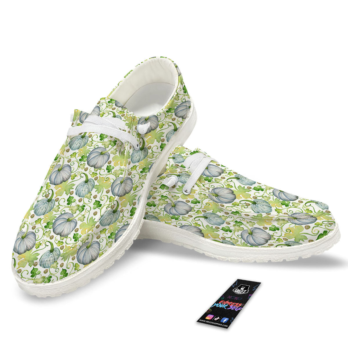 Pumpkin Green Print Pattern White Loafers-grizzshop