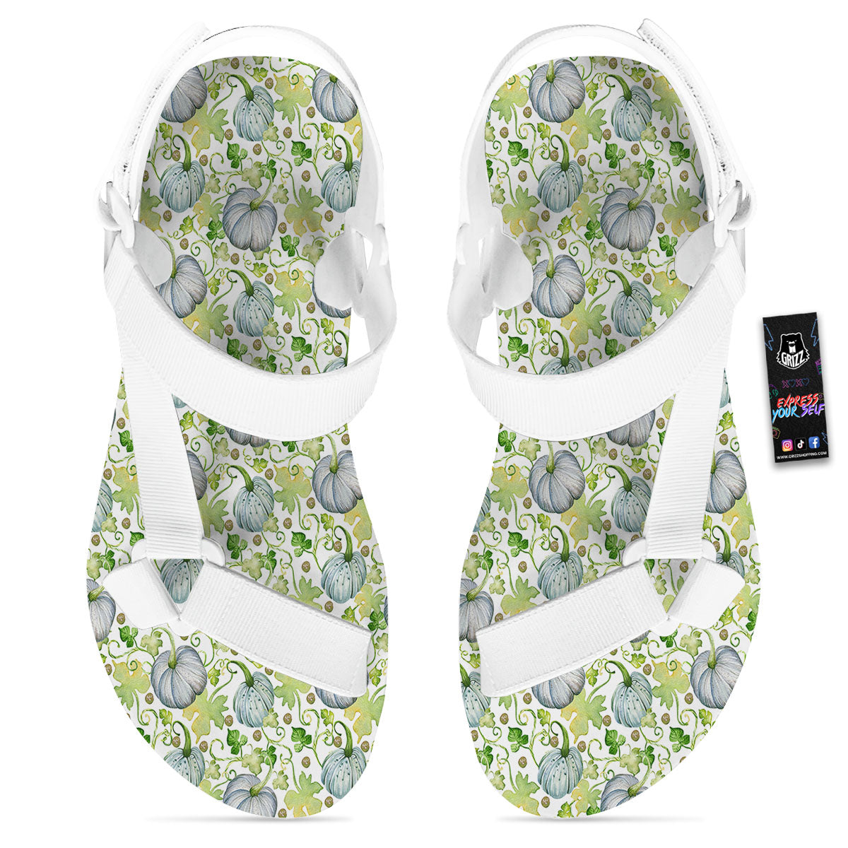 Pumpkin Green Print Pattern White Open Toe Sandals-grizzshop