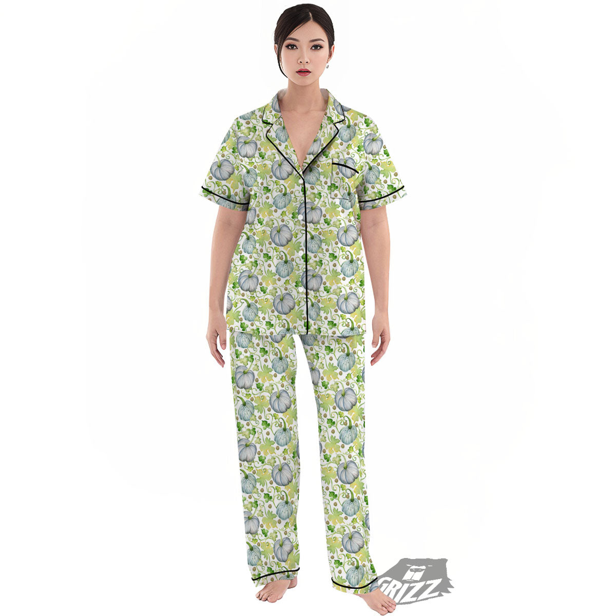 Pumpkin Green Print Pattern Women's Pajamas Set-grizzshop