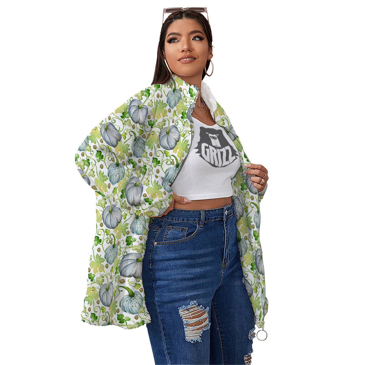 Pumpkin Green Print Pattern Women's Sherpa Jacket-grizzshop