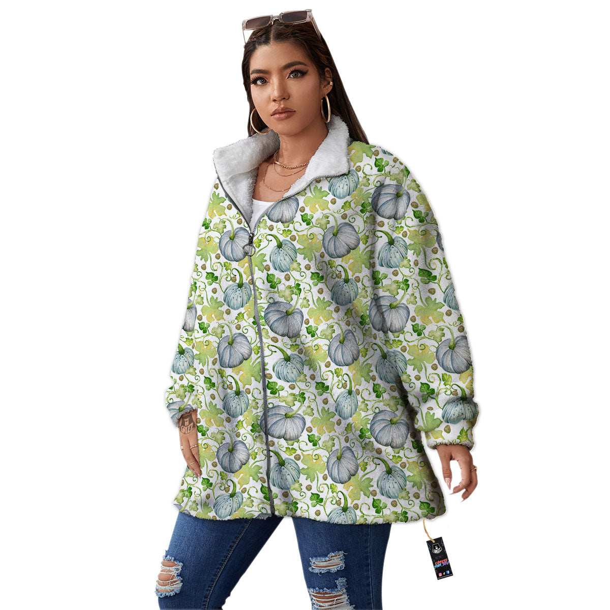 Pumpkin Green Print Pattern Women's Sherpa Jacket-grizzshop
