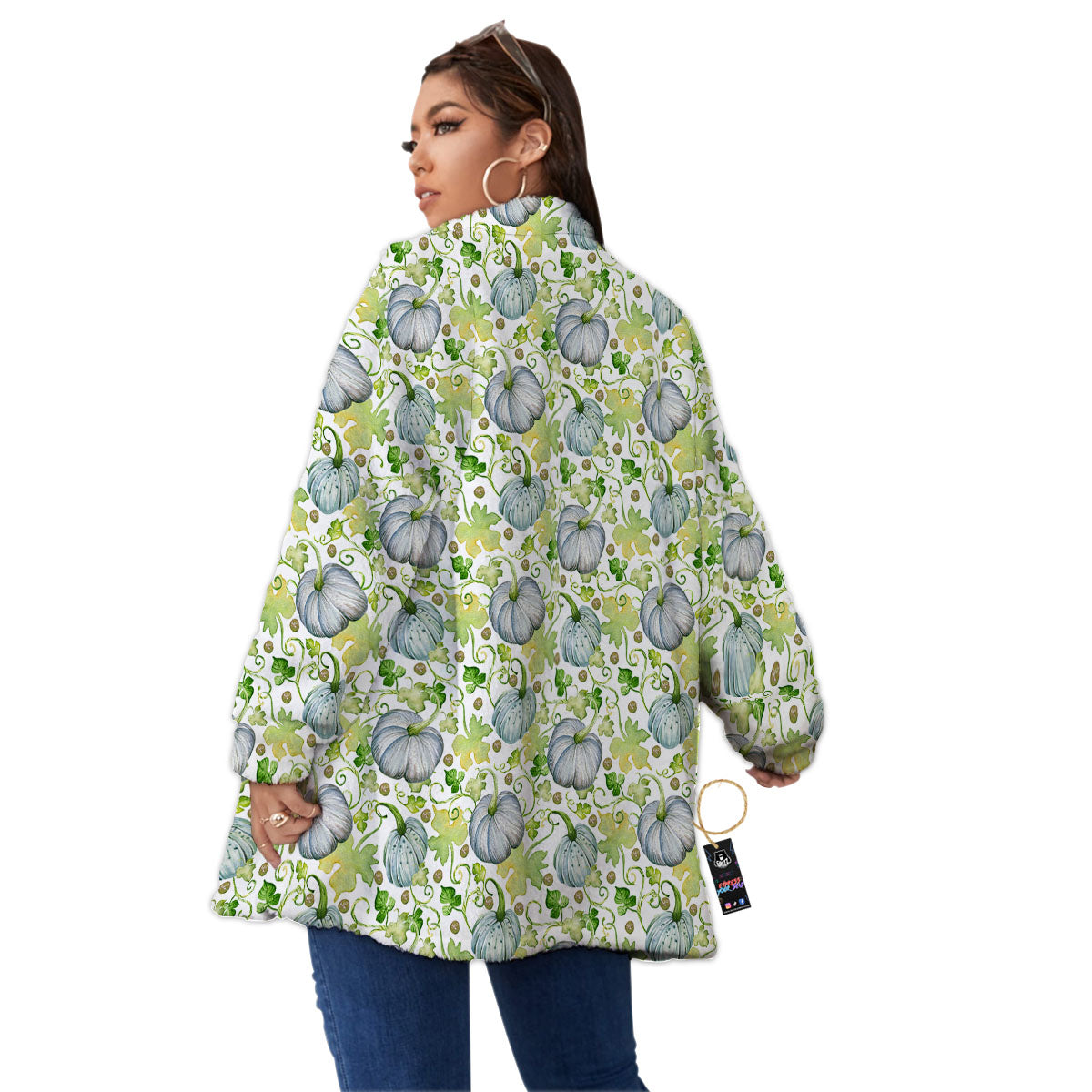 Pumpkin Green Print Pattern Women's Sherpa Jacket-grizzshop
