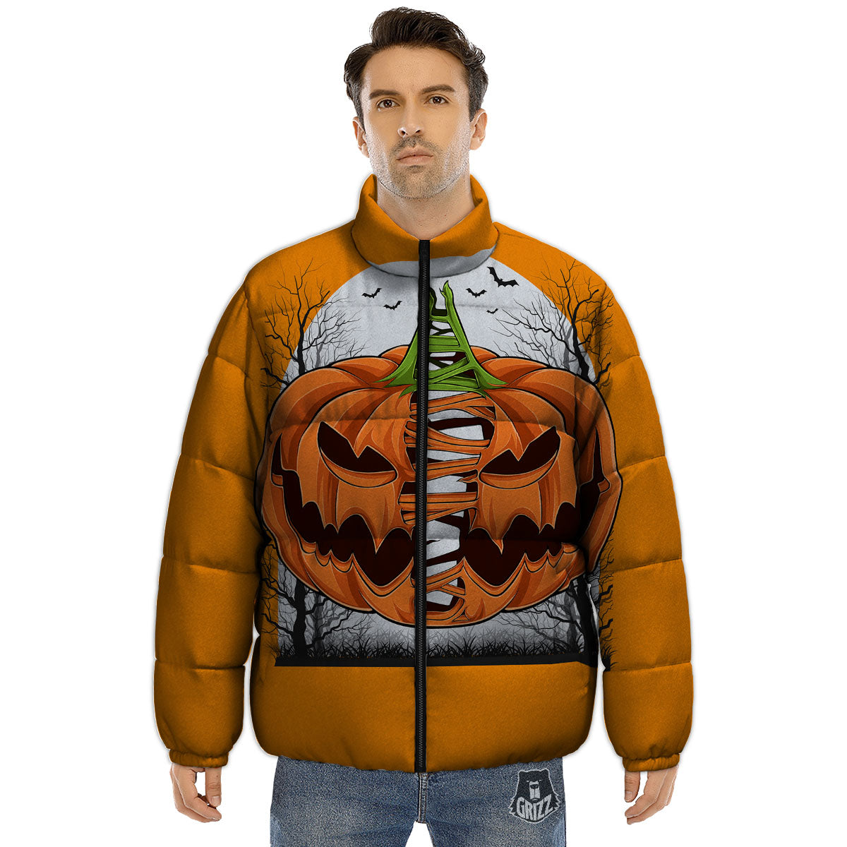 Pumpkin Halloween Character Print Puffer Jacket-grizzshop