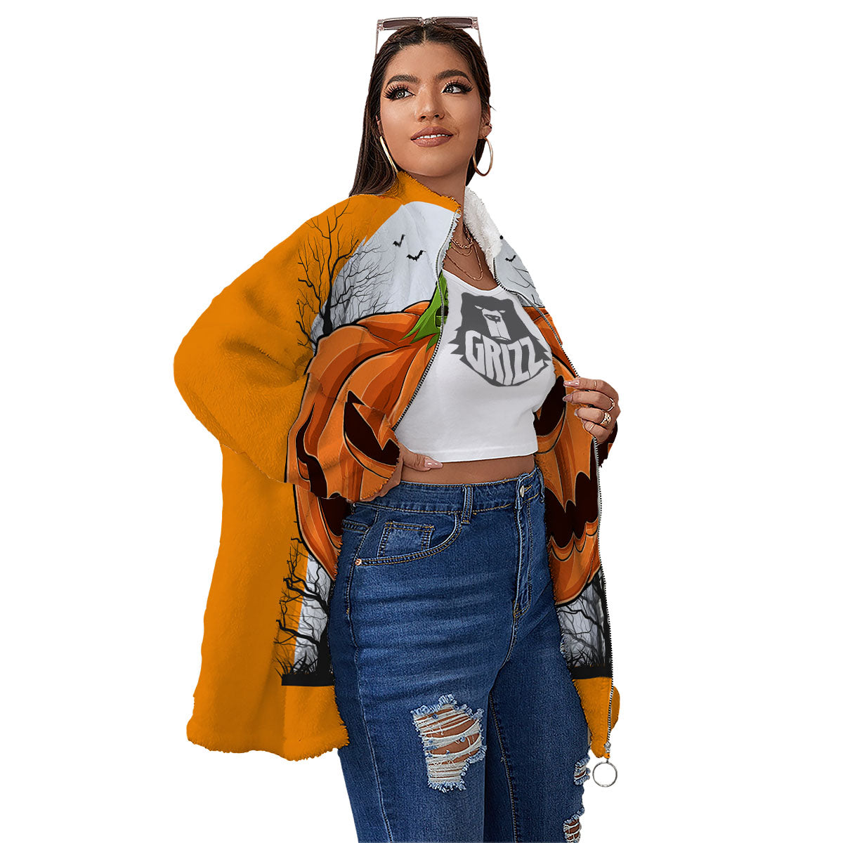 Pumpkin Halloween Character Print Women's Sherpa Jacket-grizzshop