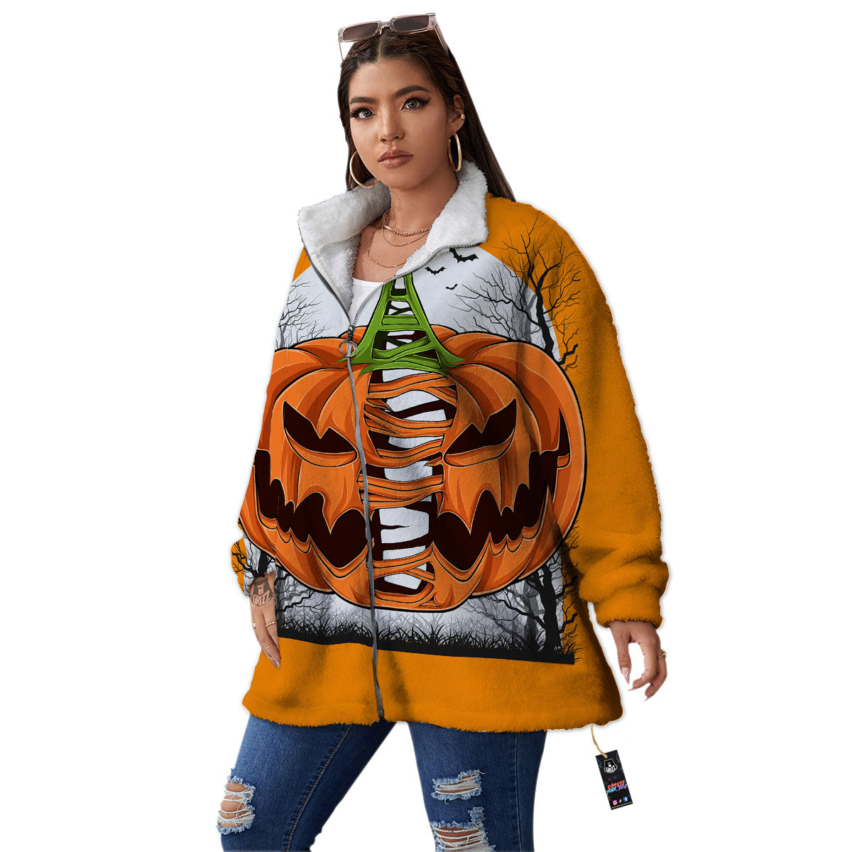 Pumpkin Halloween Character Print Women's Sherpa Jacket-grizzshop