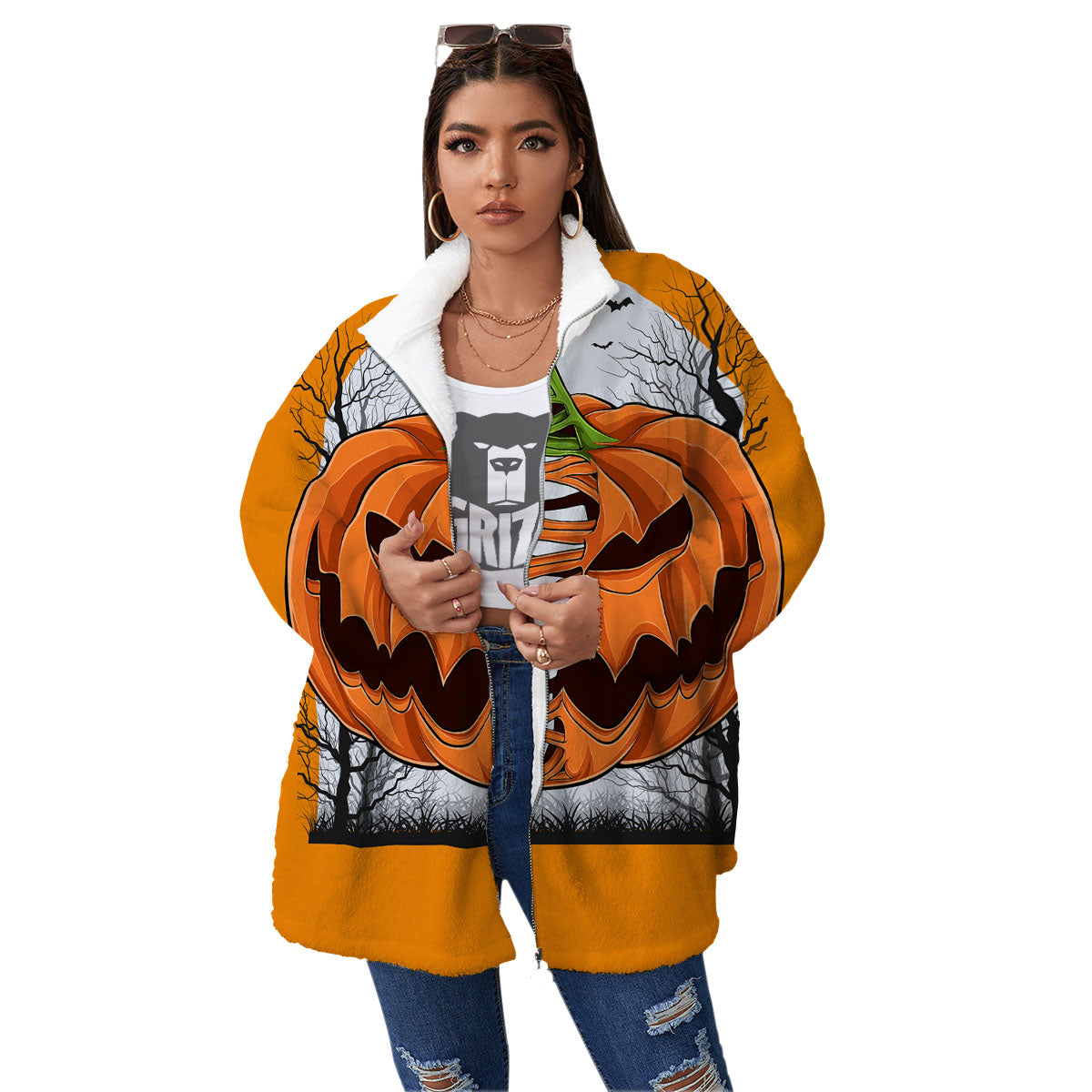 Pumpkin Halloween Character Print Women's Sherpa Jacket-grizzshop