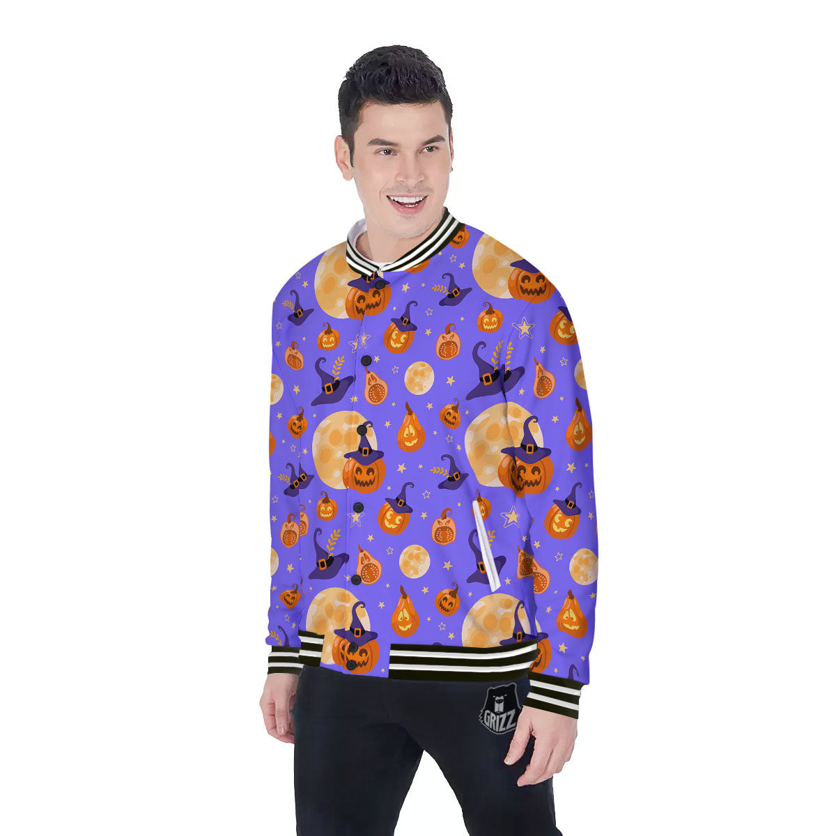 Pumpkin Halloween Purple Print Pattern Baseball Jacket-grizzshop