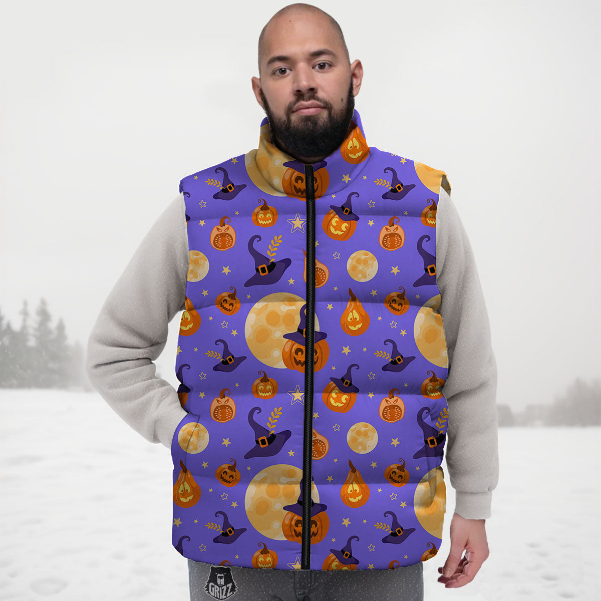 Pumpkin Halloween Purple Print Pattern Down Vest