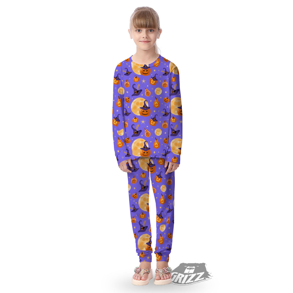 Pumpkin Halloween Purple Print Pattern Kid's Pajamas-grizzshop
