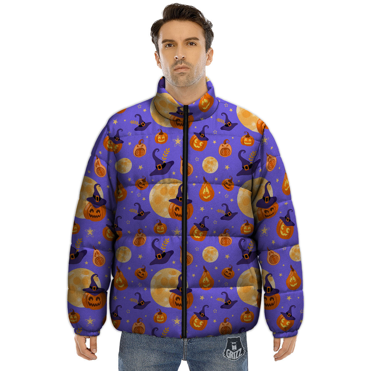 Pumpkin Halloween Purple Print Pattern Puffer Jacket-grizzshop