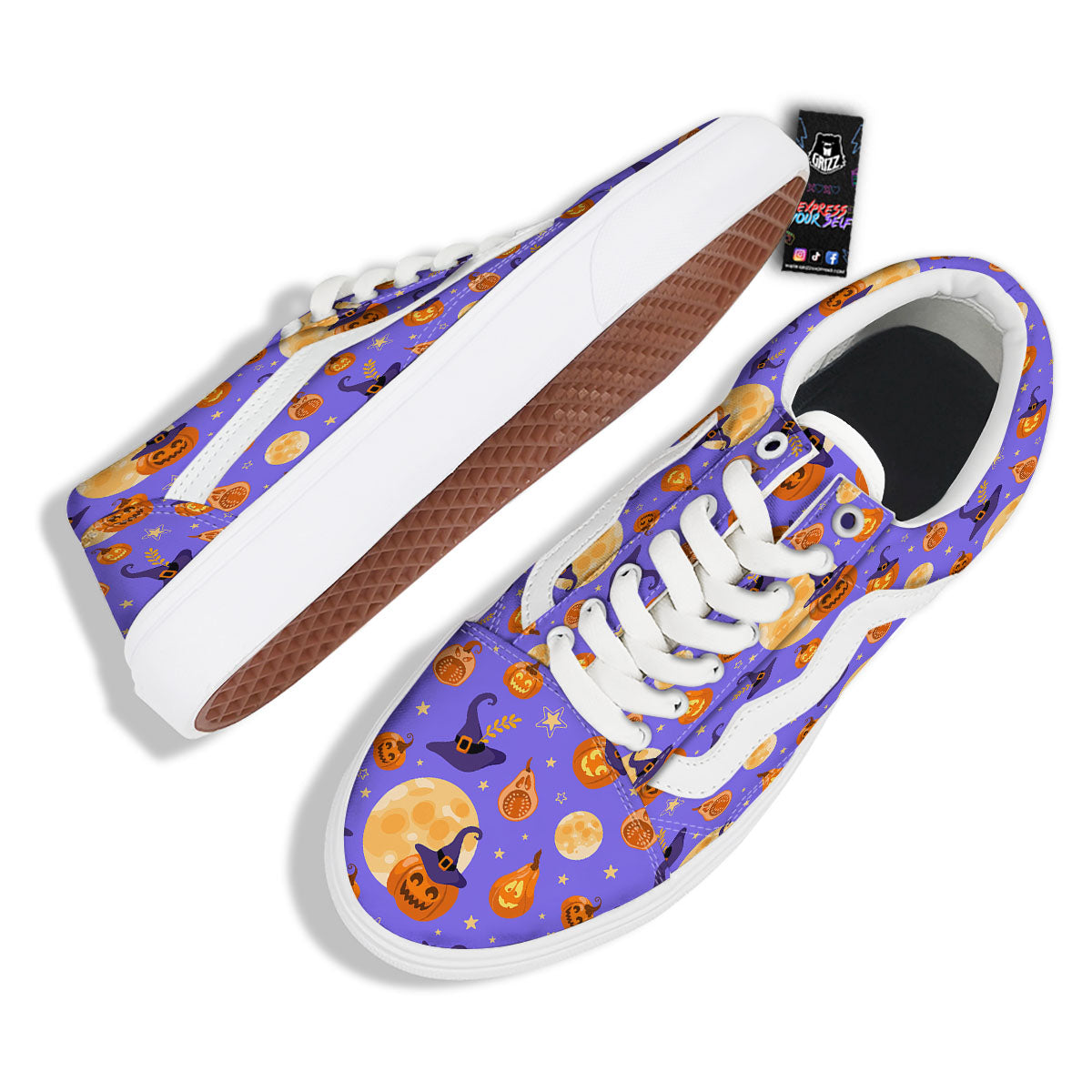 Pumpkin Halloween Purple Print Pattern Skate Shoes-grizzshop
