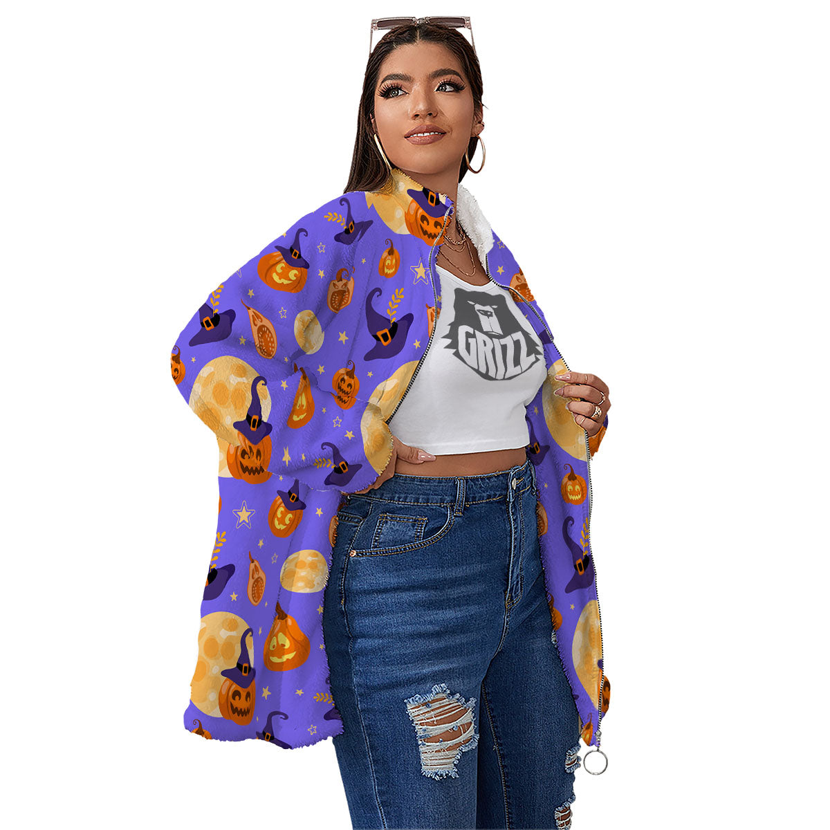 Pumpkin Halloween Purple Print Pattern Women's Sherpa Jacket-grizzshop