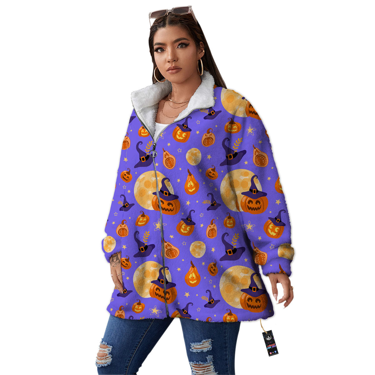 Pumpkin Halloween Purple Print Pattern Women's Sherpa Jacket-grizzshop