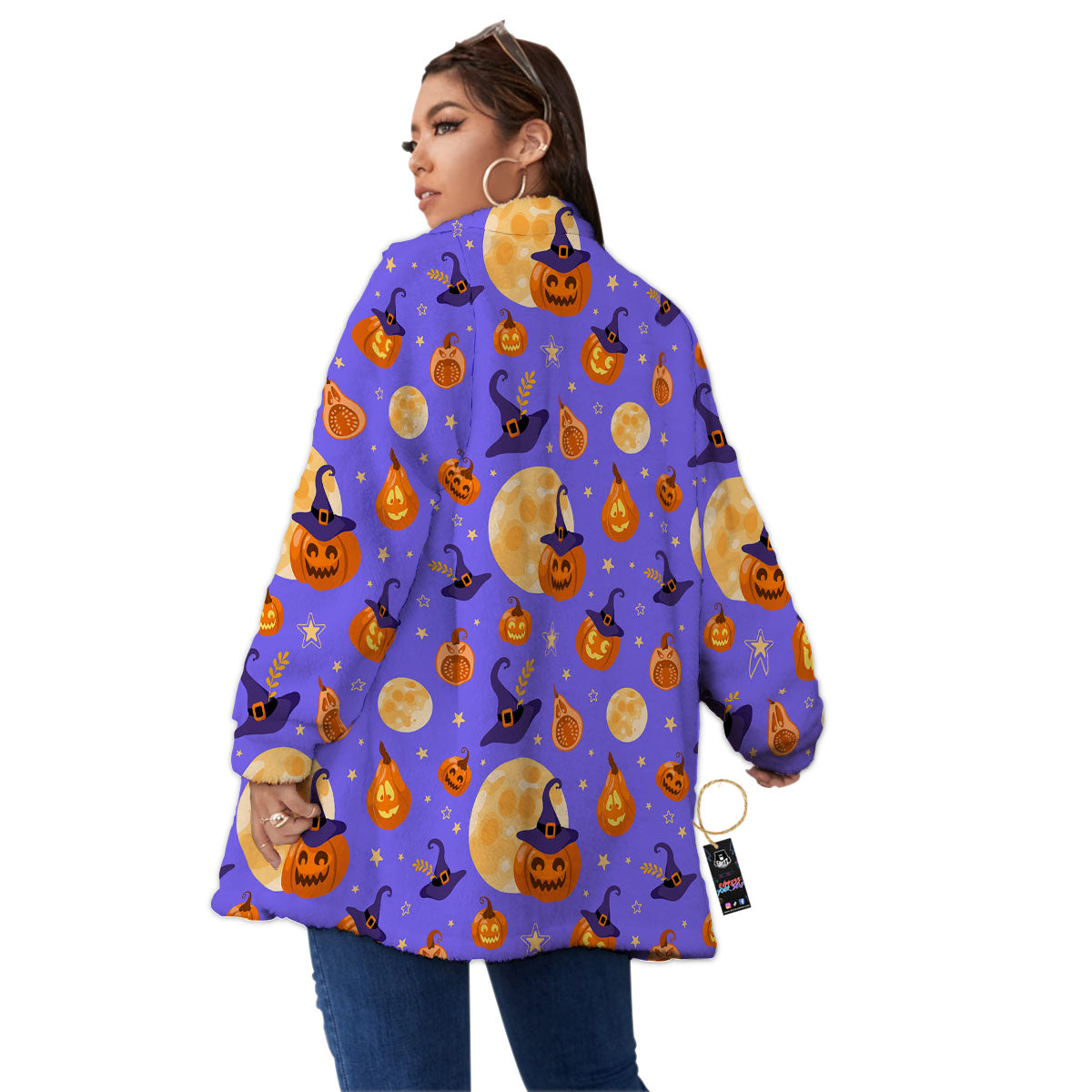 Pumpkin Halloween Purple Print Pattern Women's Sherpa Jacket-grizzshop