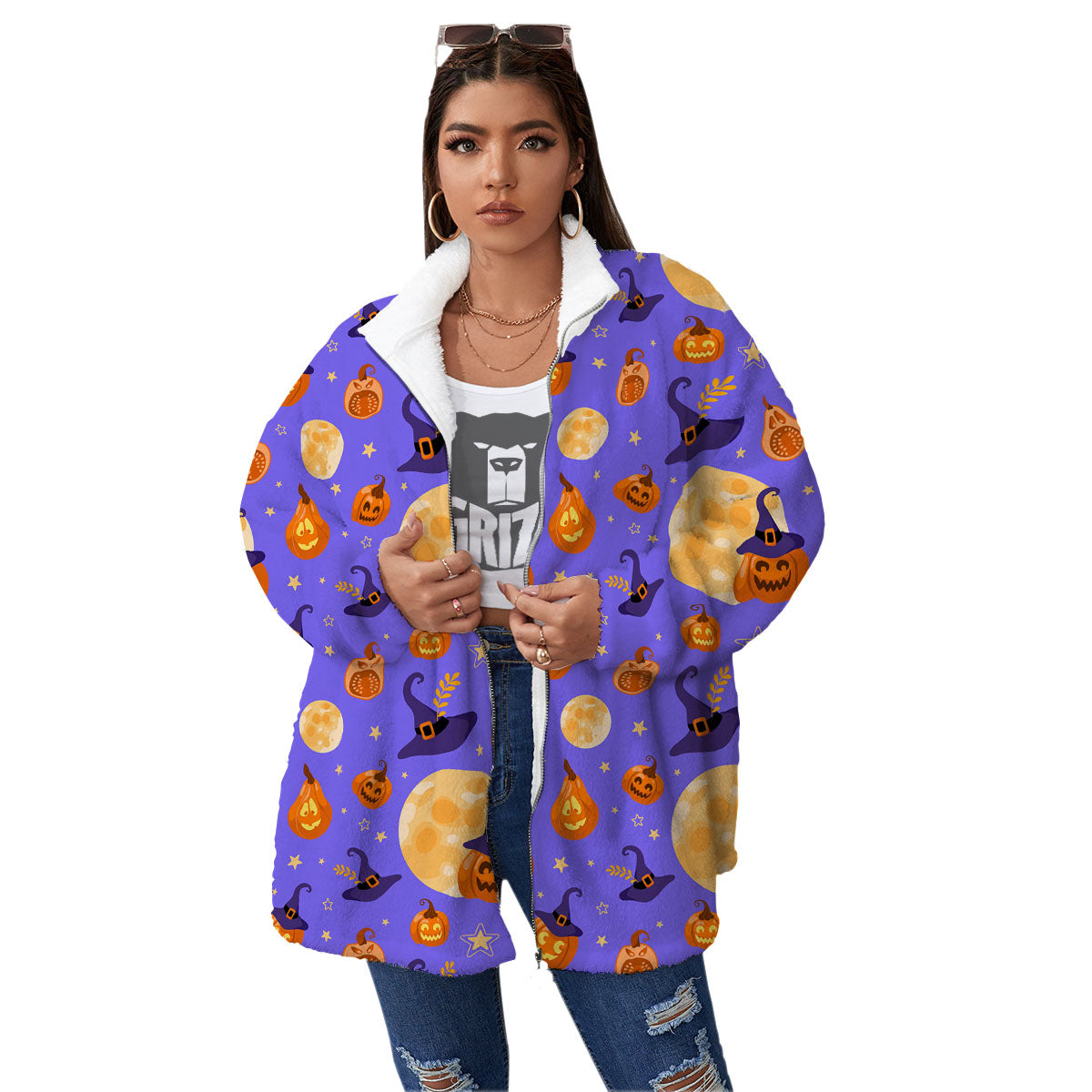 Pumpkin Halloween Purple Print Pattern Women's Sherpa Jacket-grizzshop
