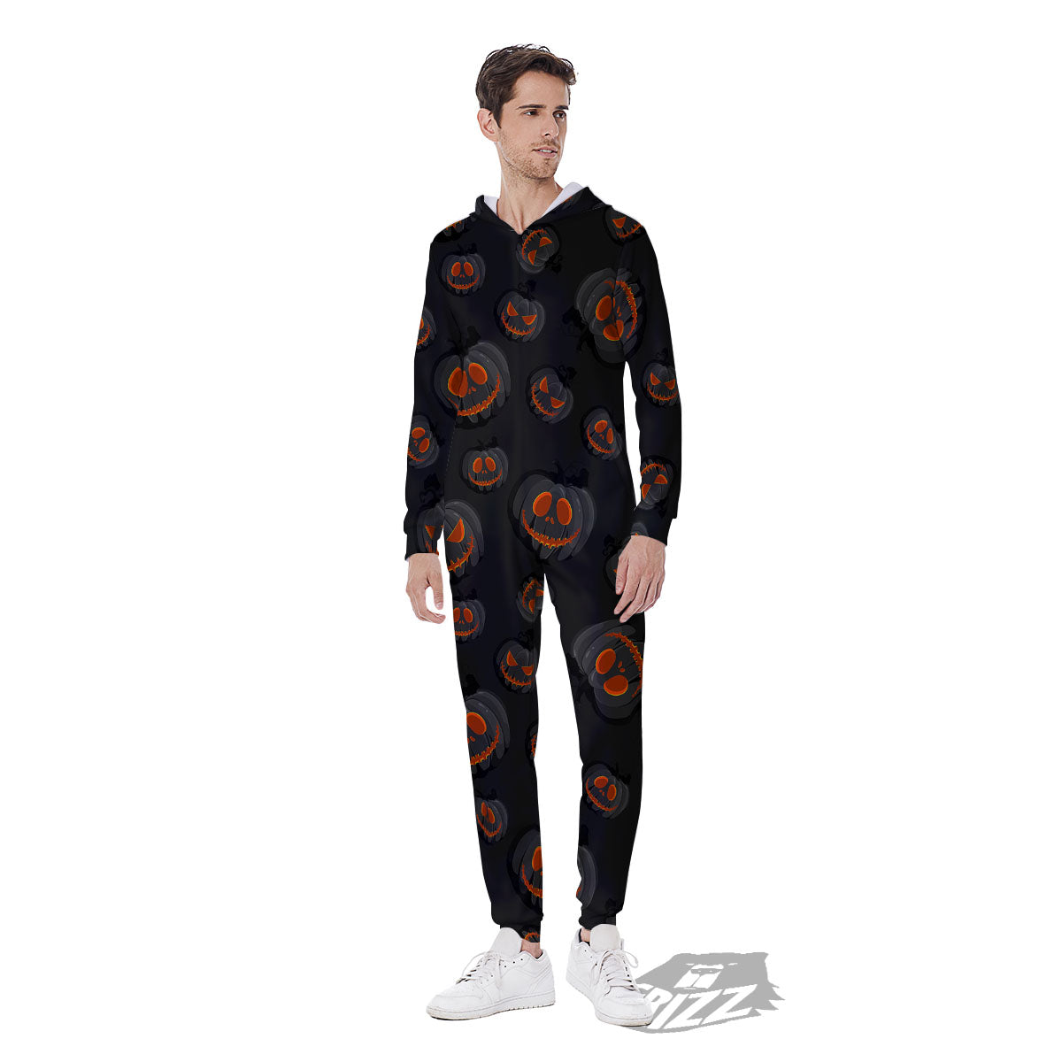 Pumpkin Jack O' Lantern Halloween Print Men's Jumpsuit-grizzshop
