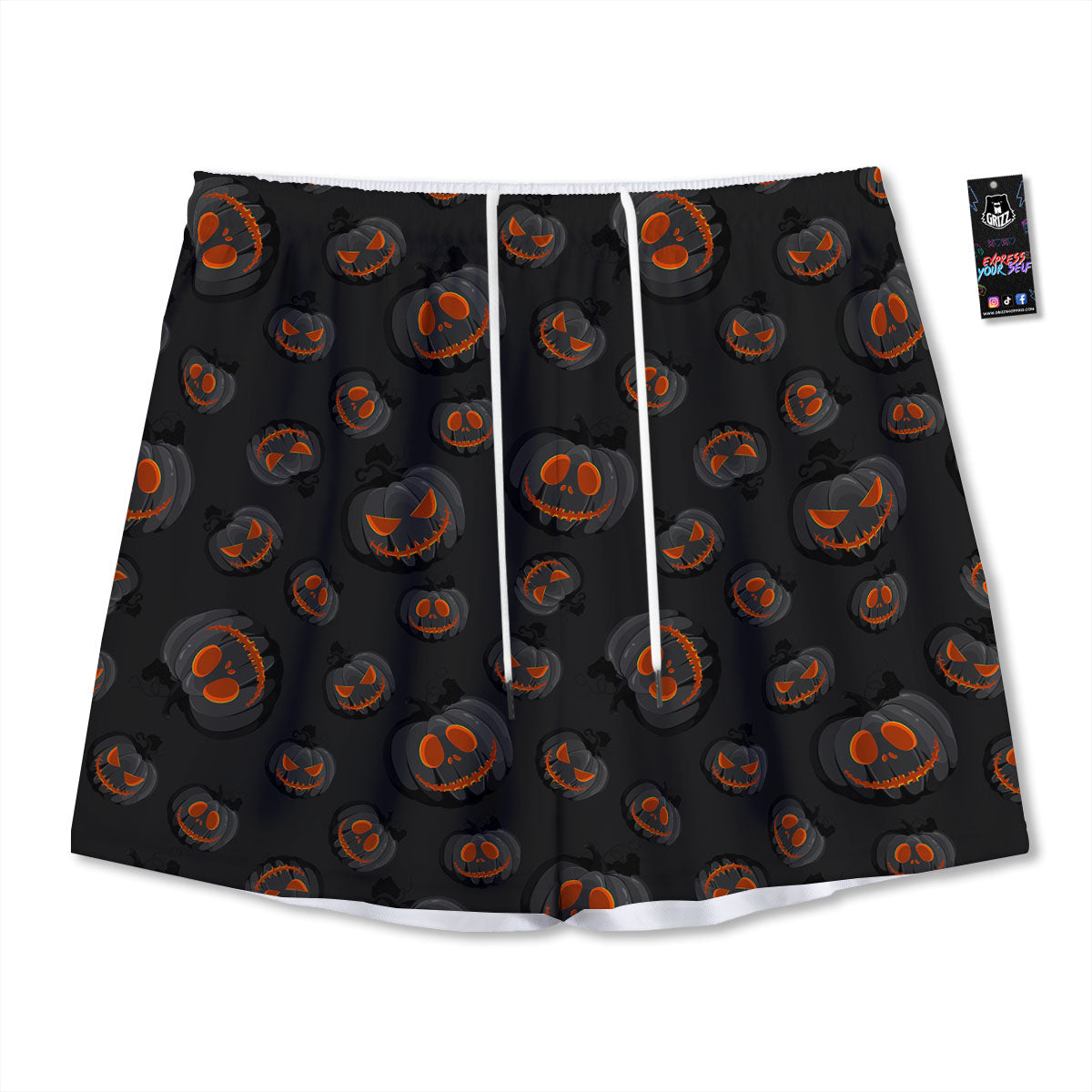 Pumpkin Jack O' Lantern Halloween Print Mesh Shorts