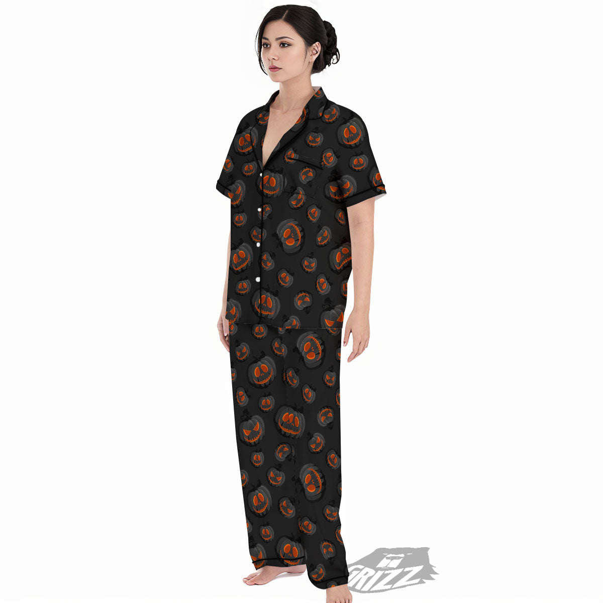 Pumpkin Jack O' Lantern Halloween Print Women's Pajamas Set-grizzshop