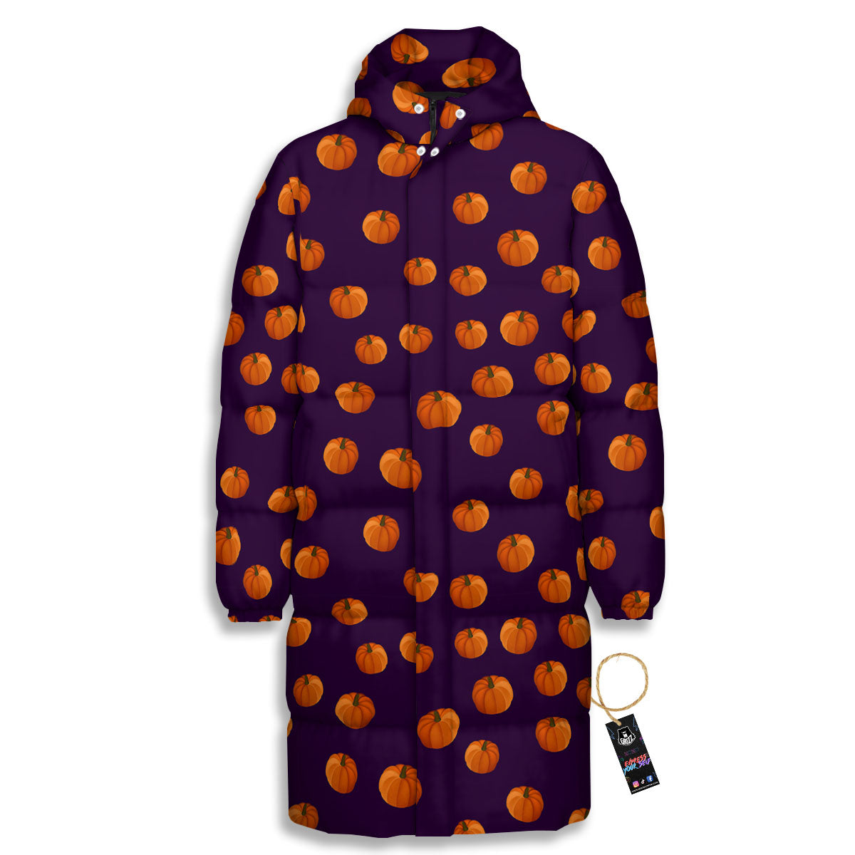Pumpkin Little Print Pattern Long Down Jacket-grizzshop