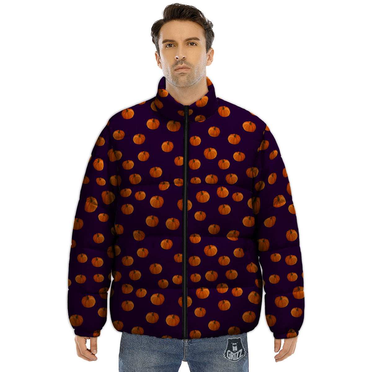 Pumpkin Little Print Pattern Puffer Jacket-grizzshop