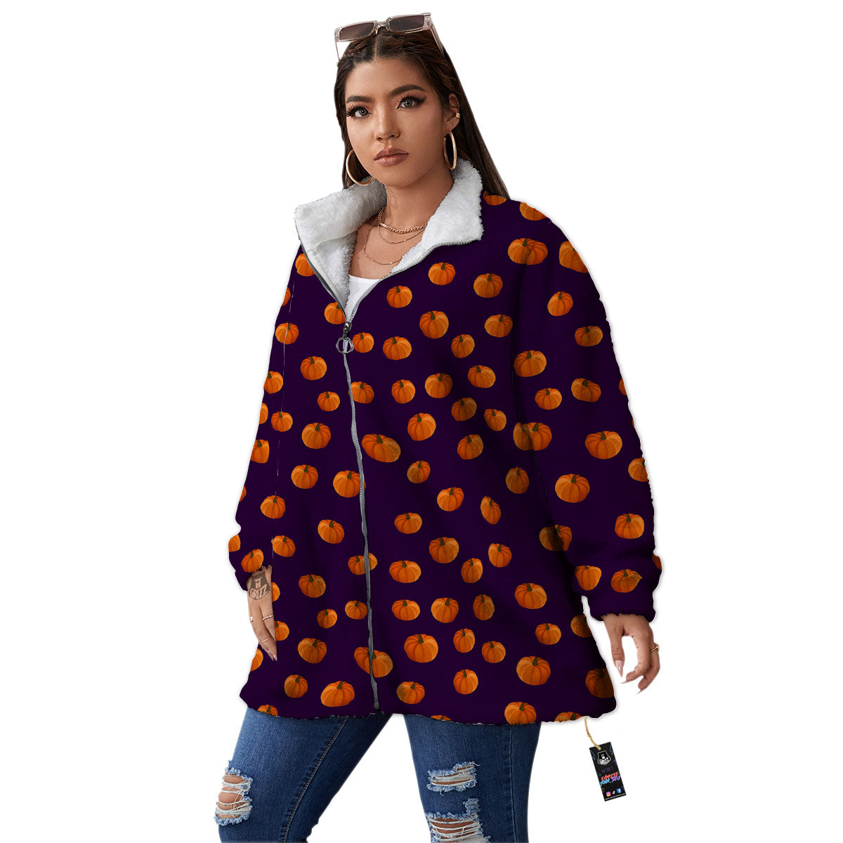 Pumpkin Little Print Pattern Women's Sherpa Jacket-grizzshop