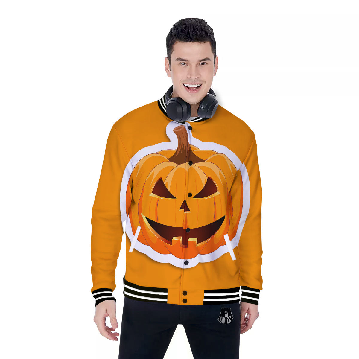 Pumpkin Print Baseball Jacket-grizzshop