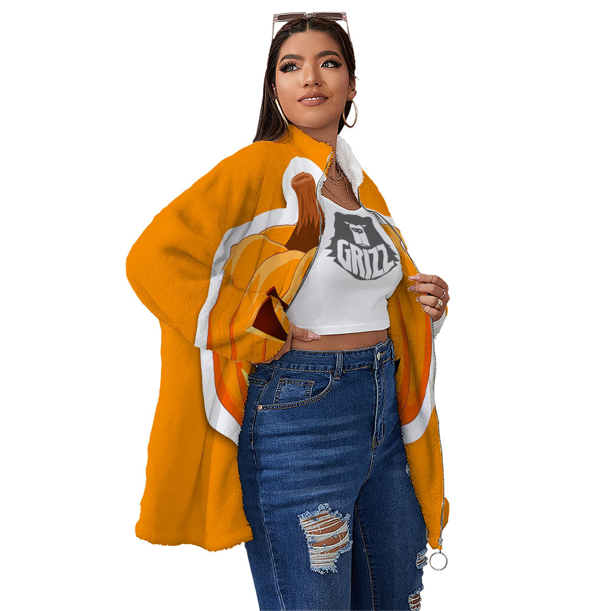 Pumpkin Print Women's Sherpa Jacket-grizzshop