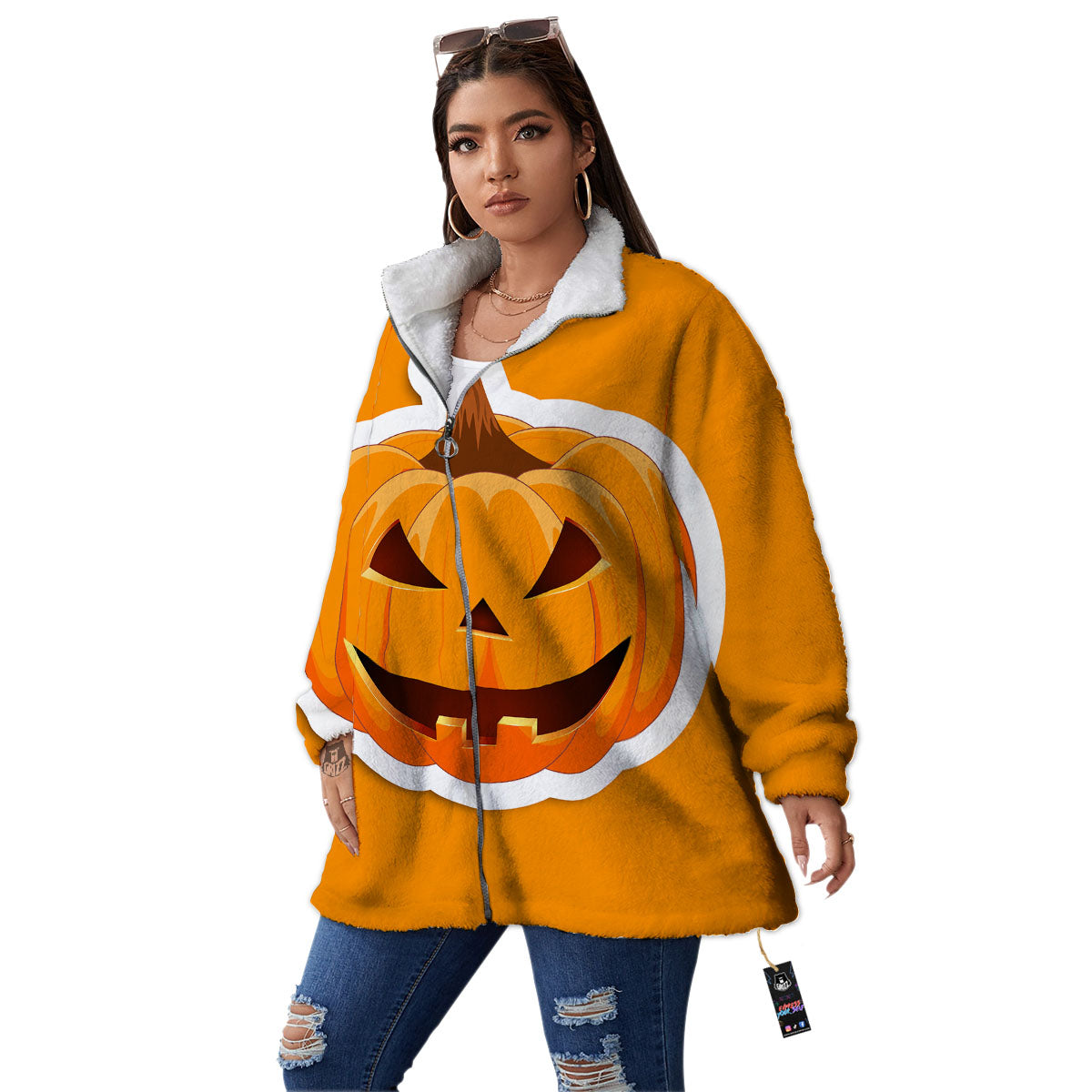 Pumpkin Print Women's Sherpa Jacket-grizzshop