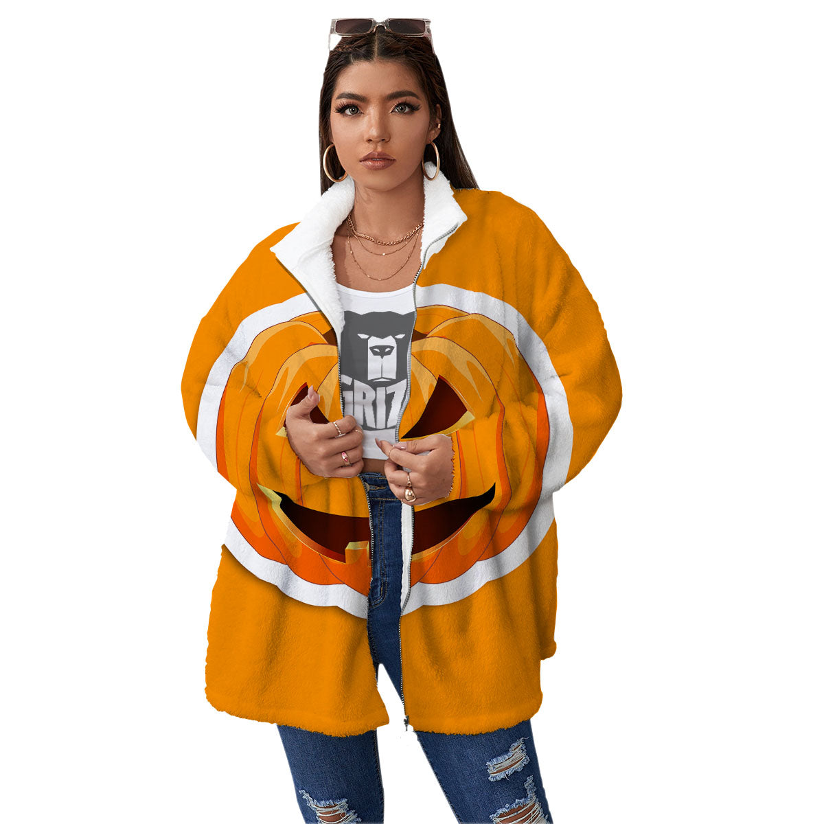Pumpkin Print Women's Sherpa Jacket-grizzshop