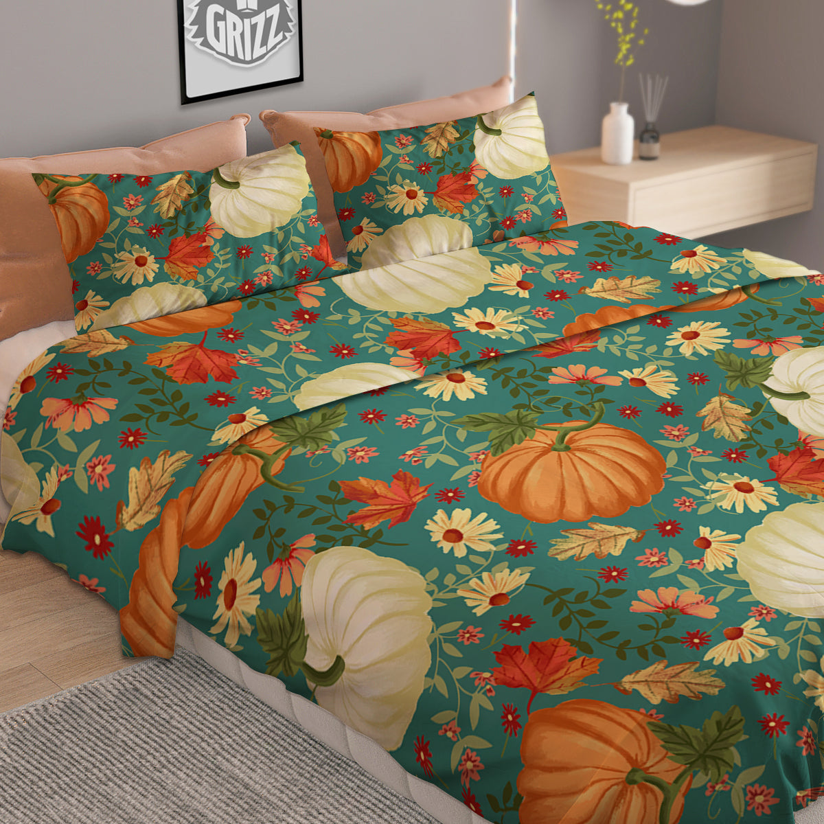 Pumpkin Vintage Print Pattern Duvet Cover Bedding Set