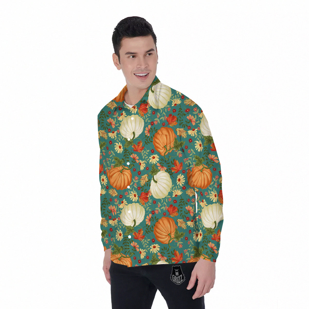 Pumpkin Vintage Print Pattern Men's Long Sleeve Shirts-grizzshop